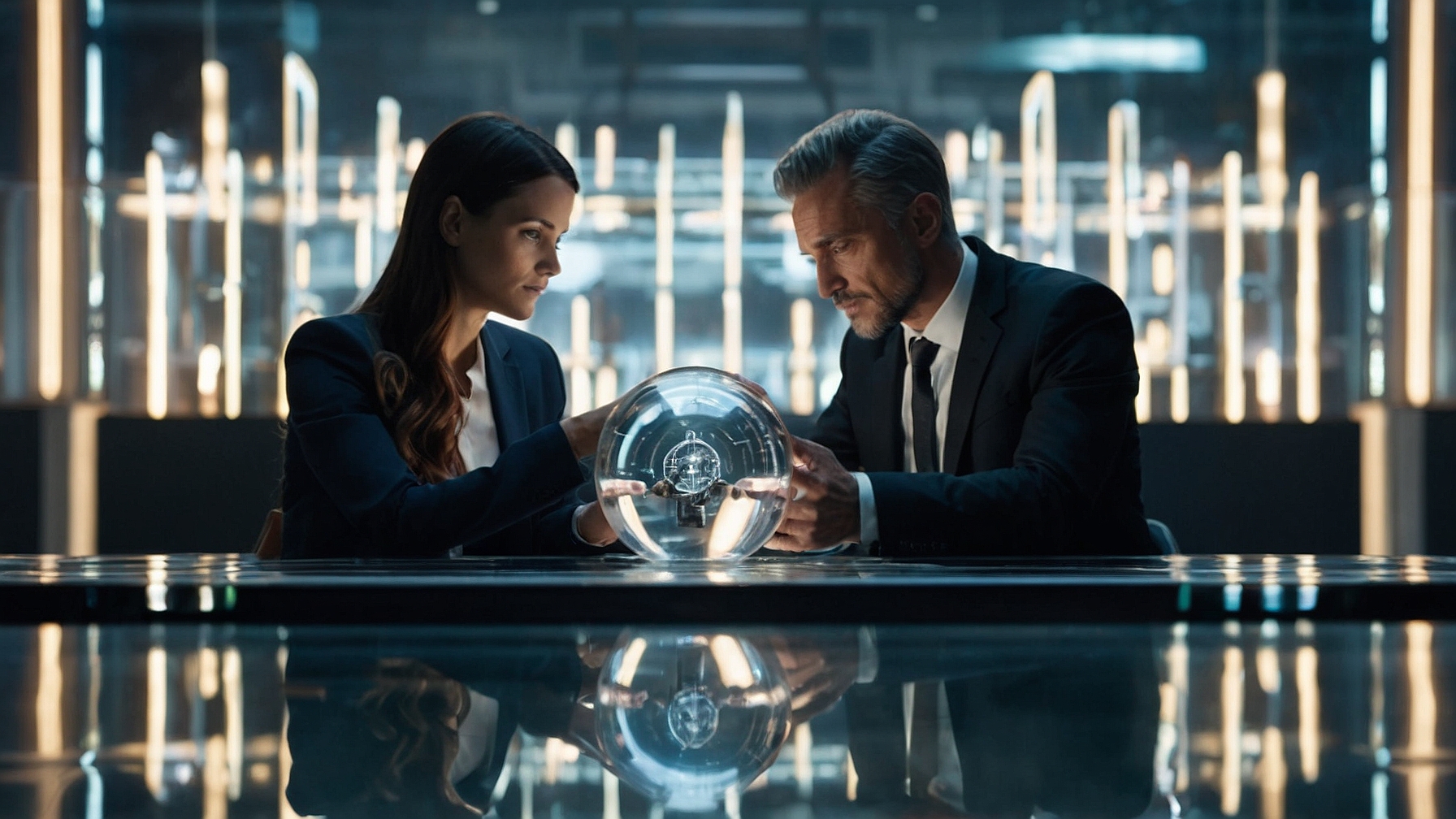 Image of a male and female business owner looking into a crystal ball showing marketing automation trends